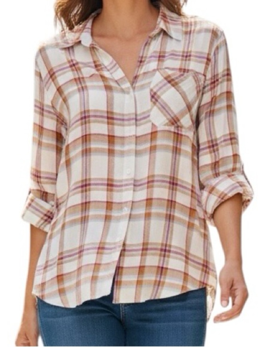 Velvet Heart Cream Plaid Roll-Tab Button-Down Shirt Long Sleeve V-Neck Large